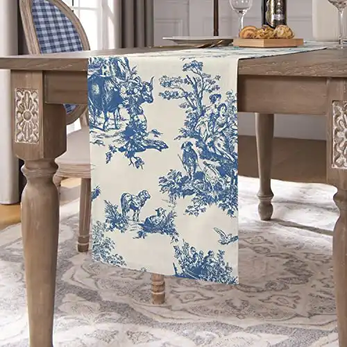 Toile Blue Table Runners 72 Inches Long for Coffee Kitchen Dining Room Table,French Country Grand Millennial Chinoiserie Decor Floral Print Design Short Tablecloth,Light Blue and Cream White