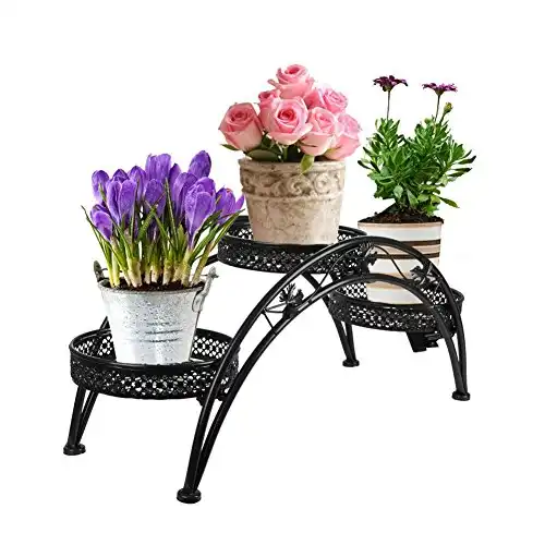 Dazone® Wrought Iron Pot Plant Stand for Three Plants Indoor or Outdoor Garden Patio Decor Arch Design Black