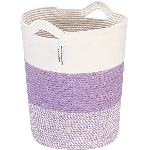 Sea Team Large Size Cotton Rope Woven Storage Basket with Handles, Laundry Hamper, Fabric Bucket, Drum, Clothes Toy Organizer for Kid's Room, 20 x 14 inches, Round Open Design, White & Mottle...