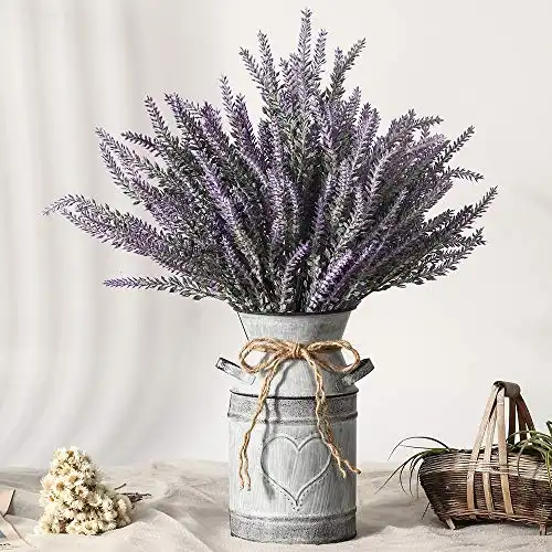 LESING Artificial Lavender Flowers with Vase Fake Lavender Plants in Decorative Metal Vase Rustic Vintage Flowers for Home Farmhouse Decoration (Heart,Purple)