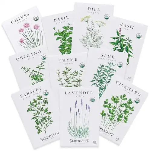 Sereniseed Certified Organic Herb Seeds (10-Pack) – Non GMO, Heirloom – Seed Starting Video - Basil, Cilantro, Oregano, Thyme, Parsley, Lavender, Chives, Sage, Dill Seeds for Indoor & Outdoor ...