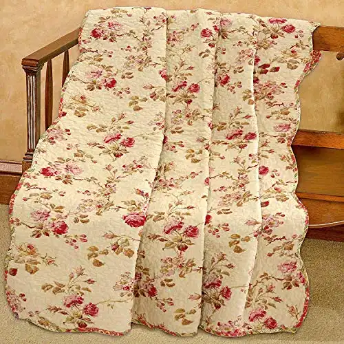 Cozy Line Home Fashions Creamy Vintage Rose Floral Printed Reversible 100% Cotton Quilted Throw Blanket 60" x 50" Machine Washable and Dryable(Vintage Floral)