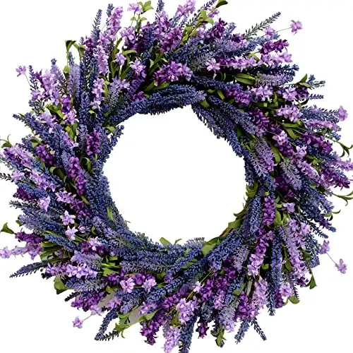 Egolot 24 Inch Purple Lavender Flower Wreath for Front Door, Spring Summer Forsythia Lavender Flowers Wreath for Indoor and Outdoor Decor, Rustic and Farmhouse Purple Wreath for Home