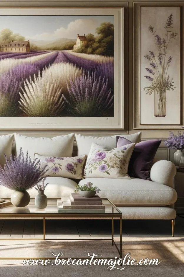 french farmhouse lavender decor in living room