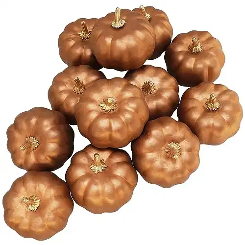 Winlyn 12 Pcs Small Artificial Metallic Bronze Pumpkins Fall Rustic Decorative Pumpkins Faux Foam Pumpkins for Gift Autumn Wedding Halloween Thanksgiving Seasonal Table Centerpiece Mantel Bowl Decor