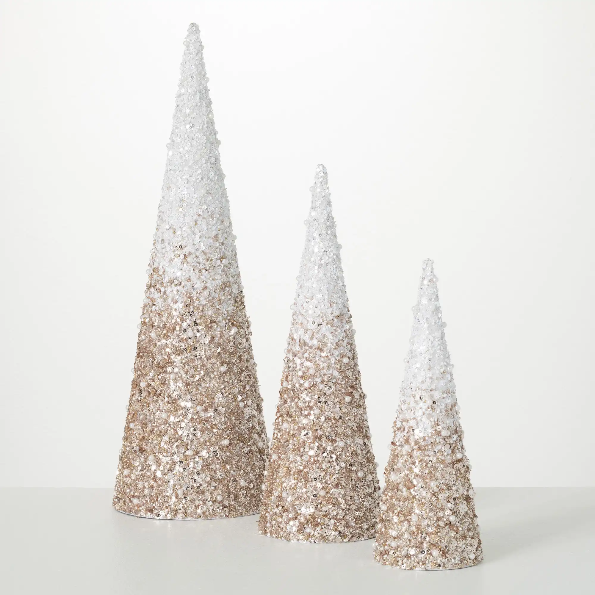 The Holiday Aisle 11.5"H, 14.75"H And 20"H Beaded Cone Tree Set, Christmas Decor; Gold | Wayfair