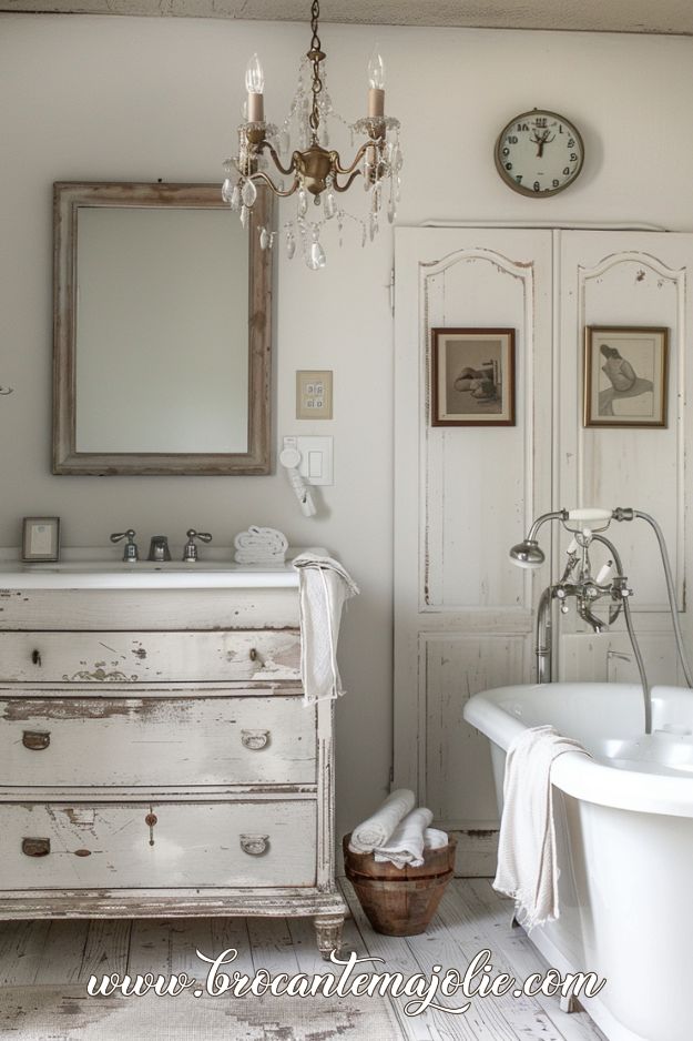 french country chandelier in bathroom