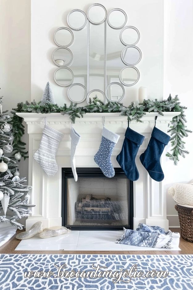 blue and silver christmas mantle decor