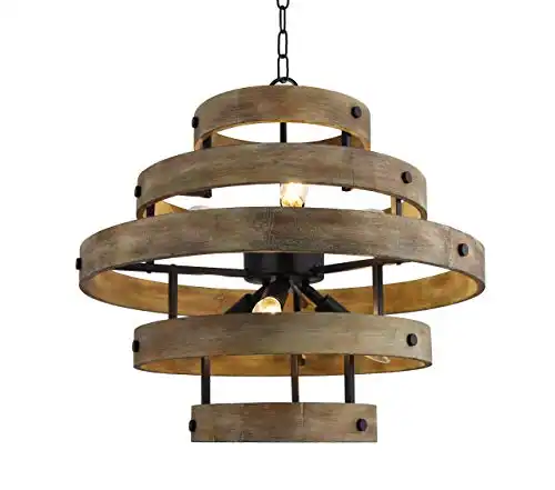 22.5" Vintage Rustic 5 Wood Rings Chandelier Pendant Light French Country Wood Metal Foyer (6 Light Heads) Rustic Iron Ceiling Light Fixture