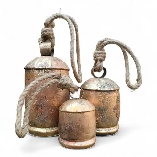 Siddhivinayak Overseas Set of 3 Metal Christmas Bells for Decoration Rustic Brass Gold Large Bell Cow Hanging