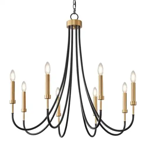 FookChak 8 Light Dining Room Light Fixture Over Table Black and Gold Chandeliers Master Bedroom Chandelier Lighting for Living Room Foyer Bathtub, Solid Metal, 30in