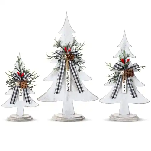 Soaoo 3 Pcs Wooden Christmas Trees Tabletop Decoration Rustic Wood Christmas Trees Xmas Centerpieces Freestanding Table Farmhouse Xmas Centerpiece for Table Home Decor (Red Berry,Large)