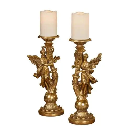 Glorieux Angels Candleholders Aged Gold Set of Two | Ornate Angel Candleholder Pair Room Decor | Holder for Pillar Candles