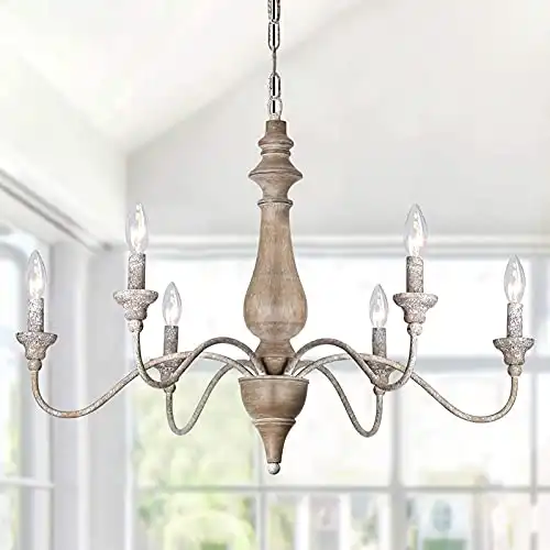 T&A 6 Light French Country Chandelier, Rust Arms Imitation Wood Finish Farmhouse Chandelier for Dining Room Kitchen Living Room