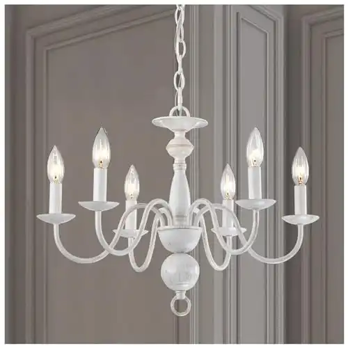 French Country Chandelier 6-Light Modern Farmhouse Chandelier for Dining Room Rustic Chandelier for Bedroom White Metal Chandelier Candle Style for Kitchen