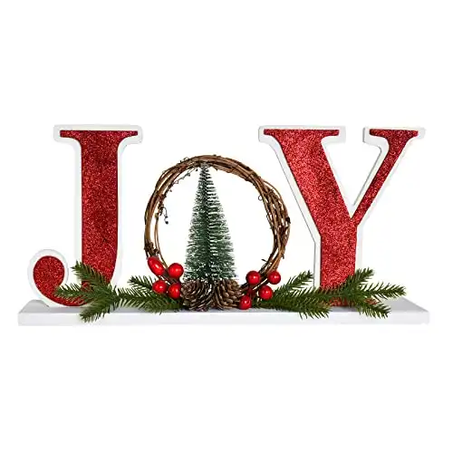 Wood Joy Christmas Sign Decor, Cutout Wooden Word Christmas Table Decoration Indoor Home Decor, Decorative Freestanding Joy Letter Centerpiece Sign for Mantel Fireplace Xmas Winter Holiday Decor