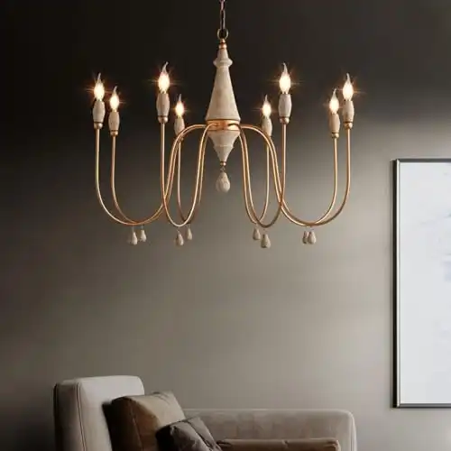 LOVEDIMA 38.2" French Country Chandelier, Modern Farmhouse 8-Light Candle-Style Chandeliers Wood Pendant Light Fixture for Dining Room Living Room