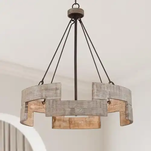 2024 Upgraded Wooden Farmhouse Drum Chandelier, 20" Dining Room Light Fixture, 5-Light Antique Wood French Country Rustic Handmade Round Pendant Light Ceiling Hanging for Kitchen Island Foyer Ent...