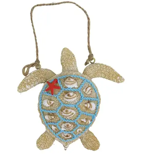 Sea Turtle Hanging Christmas Ornament Coastal Tree Decoration, Resin Sand Seashells, Beach Themed Holiday Decorations for Home, Centerpiece and Wreaths, 4 inches