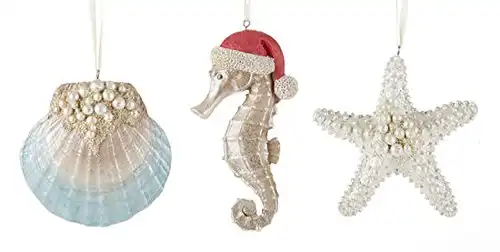 Delton Beach Coastal Christmas Tree Ornaments, Set of 3 Starfish, Clam Shell, Seahorse