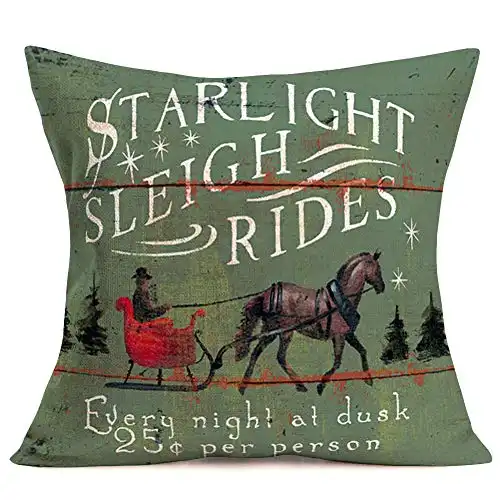 Doitely Christmas Vintage Chic Wood Board Style Pillow Covers Decorative with Starlight Sleigh Rides Quotes Horse Rides Throw Pillow Case Cotton Linen Sofa Pillows Cushion Cover 18" x 18"