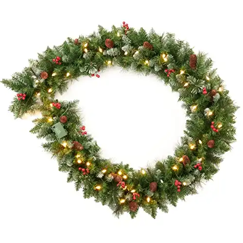 Amaoasis 9 Feet Pre-Lit Christmas Garland, Mixed Pine Decorated with Frosted Berries, Pinecones, 50 LED with Timer, Battery Operated, for Mantle Staircase Indoor and Outdoor