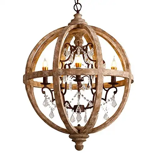 LOVEDIMA New 24" Wide Retro Rustic Weathered Wooden Globe Chandelier Crystal 5-Light Pendant Lighting