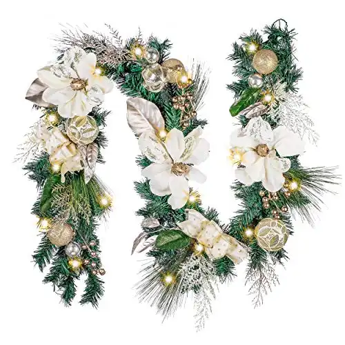 Valery Madelyn Pre-Lit Christmas Garland Decorations with Lights for Mantle, 6ft Lighted Battery Operated Xmas Garland with White Gold Balls Magnolia for Front Door Fireplace Table Centerpiece Window