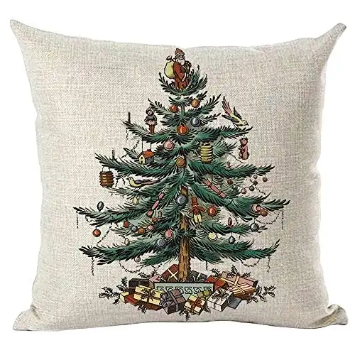 Ramirar Merry Christmas Happy New Year Retro Green Pine Tree Balloons Birds Dolls Gifts Decorative Throw Pillow Cover Case Home Living Room Bed Sofa Car Cotton Linen Square 18 x 18 Inches