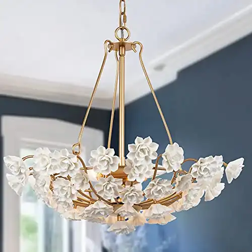 Modern Chandelier Light Fixture, Dia 20 Dining Room Chandelier with Gold Finished Metal Frame and Handmade White Ceramics Flower Shade, 3-Light Hanging Ceiling Light for Dining & Living Room, B...