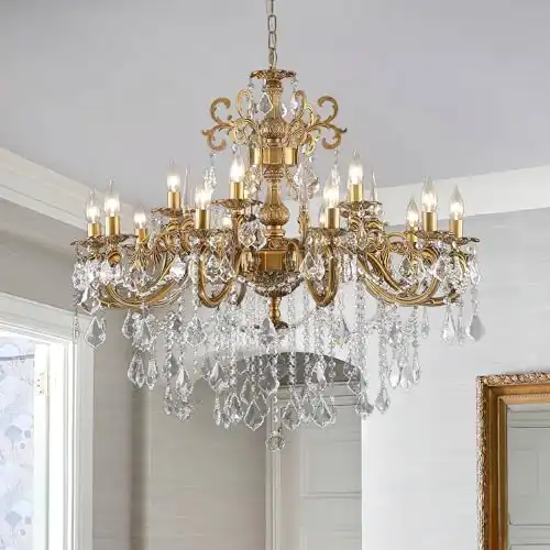 MEELIGHTING Antique Bronze Crystal Chandeliers, Luxury Gold Candle Pendant Ceiling Light Fixture, 15 Lights golden Crystal Chandelier for Dining Room, Living Room, Bedroom, Kitchen Island, Hallway