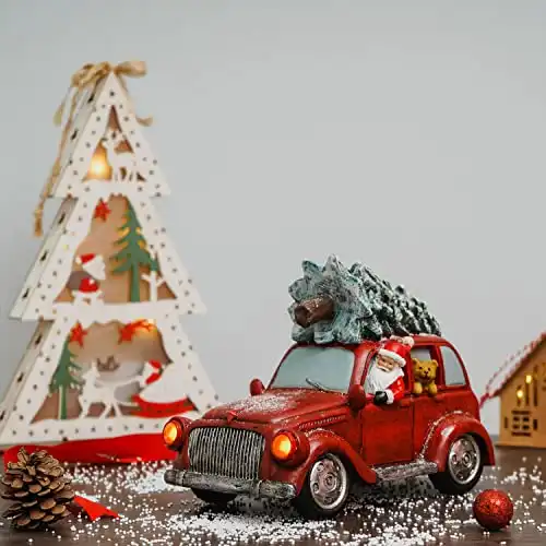 TZSSP Lighted Decorations Santa Bear in Car Tree and Vintage Truck - Tabletop Decor and Christmas Tree Lights Red Pick Up Truck Figurine