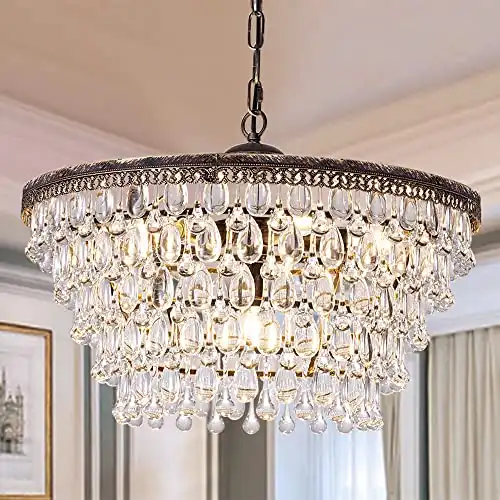 Wellmet Crystal Chandelier, 6-Light 5 Tiers Farmhouse Bronze Ceiling Lighting Fixture, Modern Foyer Dining Room Chandeliers for Bedroom, Hallway, Bar, Kitchen, W20-inch