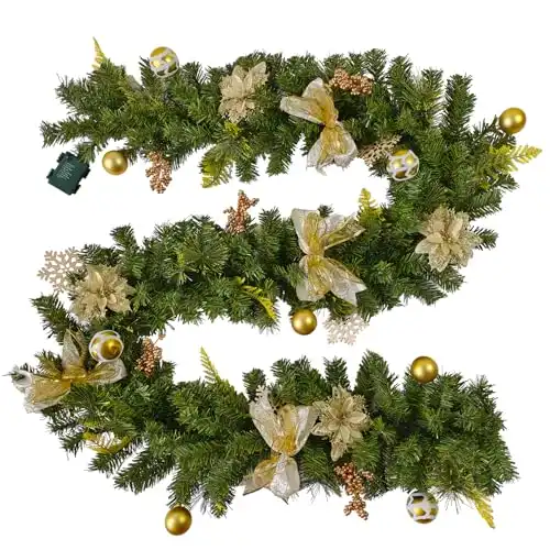 prelit Christmas Garland 9 ft with Lights - Gold Style Luxury Lighted Christmas Garland for Christmas Decorations. 9ft Thick Branch 230 Tips, 50 Lights| Gold Bowknot| Dense Berry Clusters