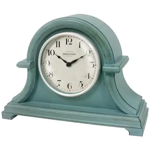 Presentime & Co. Vintage Farmhouse Mantel Clock Series, Napoleon Desk & Shelf Clock, 13 x 10 inch, Domed Lens, Quartz Movement, Aged Teal Finish (Home Decoration/Tabletop Decoration)