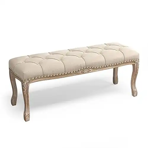 Cozyman Bedroom Bench, French Vintage Tufted Entryway Bench, 45.2'' Carving Upholstered End of Bed Bench with Distressed Wood Legs, Linen Ottoman Bench Seat for Living Room, Dining Room, Lin...