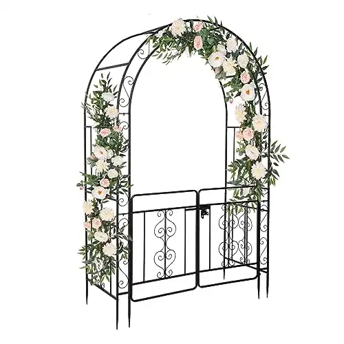 Outvita 7FT Garden Arch Arbor with Entry Door, Heavy Duty Metal Arbour Archway, Decorative Frame Stand Trellis with Ground Stakes for Wedding Ceremony Party Plant Climbing Rose Vines Lawn