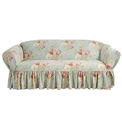 Waverly Ballad Bouquet Ruffled Sofa Slipcover, Sofa Cover with Cotton Floral One Piece Design and Ruffled Skirt, Machine Washable Sofa Cover, Robin's Egg