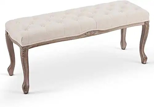 VONLUCE Vintage Dining Bench with Padded Seat & Rubberwood Legs, 44" Memory Foam Upholstered Entryway Bench, Tufted Fabric End of Bed Bench for Bedroom and Living Room, French Style, Beige