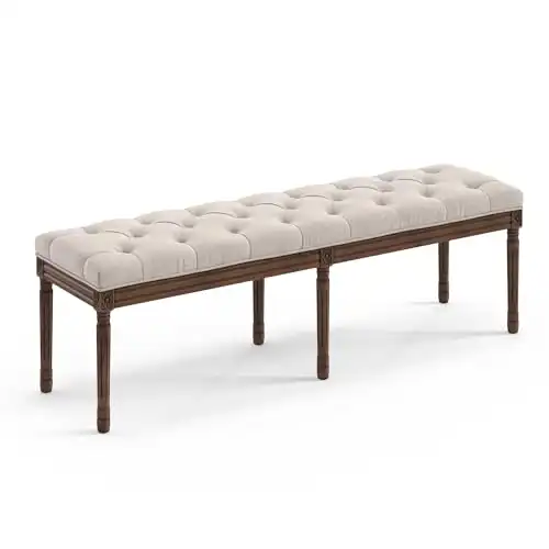 LUE BONA 60" Bedroom Bench, Vintage French Tufted End of Bed Bench, Upholstered Fabric Ottoman Bench with Carved Dark Brown Legs for Bedroom,Dining Bench Piano Stool for Living Room,Foyer, Linen