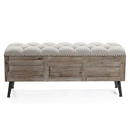 LuxenHome Storage Bench for Bedroom, 47" Wood Upholstered Bench with Storage and Seating, Luxury Beige and Brown Farmhouse End of Bed Bench, Storage Ottoman Bench for Living Room/Bedroom/Entryway