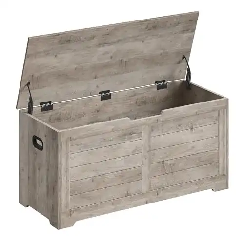 VASAGLE Storage Chest, Storage Trunk with 2 Safety Hinges, Storage Bench, Shoe Bench, Farmhouse Style, 15.7 x 39.4 x 18.1 Inches, for Entryway, Bedroom, Living Room, Heather Greige ULSB061K02