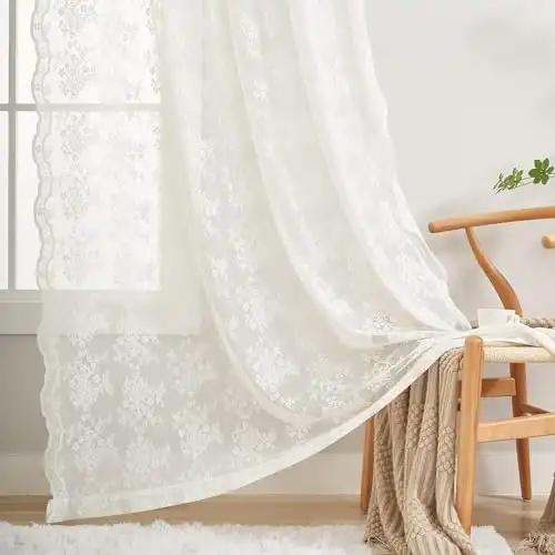 YJ YANJUN Lace Curtains 90 Inches Long for Dining Room Pair French Country Floral Sheer Curtains for Bedroom Baby Teen Toddler Playroom Ivory Cream Colored Boho Farmhouse Decoration 52 x 90 Off White