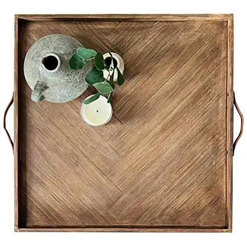 LUIYO Large Ottoman Wood Tray- with Leather Handle Decorative Wooden 24 x 24 x1.5 Inches Square Serving Tray Best for Coffee Table, Living Room and Kitchen (Large 24 * 24)