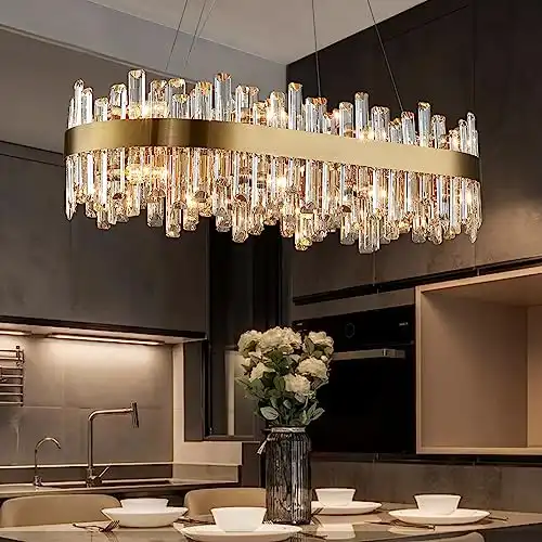 Siljoy Modern Crystal Chandelier Luxury Rectangular Brass Gold Raindrop Chandelier 16 Lights Rectangle Oval Flush Mount Pendant Light Fixture for Dining Room Living Room Kitchen Island L35.4' ...