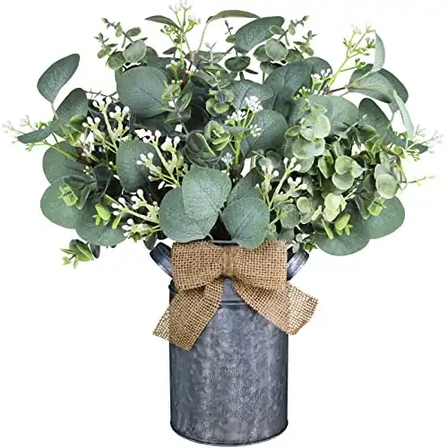 Winlyn Set of 1 Farmhouse Galvanized Metal Milk Can Vase with Artificial Eucalyptus Leaves with White Seeds Greenery Arrangement for Rustic Wedding Table Centerpiece Shelf Tiered Tray Country Decor