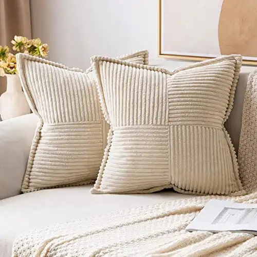 MIULEE Corduroy Pillow Covers with Splicing Set of 2 Super Soft Boho Striped Pillow Covers Broadside Decorative Textured Christmas Throw Pillows for Couch Cushion Livingroom 18x18 inch, Beige