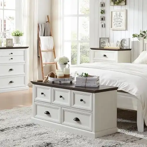 IFGET Farmhouse Dresser for Bedroom with 5 Drawers, Wide Chest of Drawers, Storage Closet Bench Storage Chest Storage Trunk, Wood Rustic Chest of Drawers for Closet, Living Room, Hallway, White