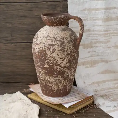 Brown Ceramic Rustic Farmhouse Vase Jug Pitcher with Handle, Distressed Antique Terracotta Pottery Flower Vase 14.2 Inch Handmade Large Floor Vintage Decorative for Home Living Room Decor