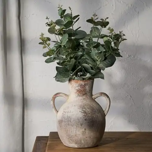 SIDUCAL Rustic Ceramic Farmhouse Flower Vase with 2 Handles, Whitewashed Terra Cotta Vase, Decorative Pottery Flower Vase for Home Decor, Table, Living Room, Shelf Decor, 7.3 Inch, Terra